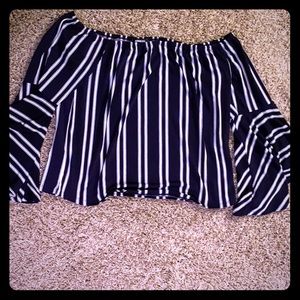 Navy blue and white striped off the shoulder top